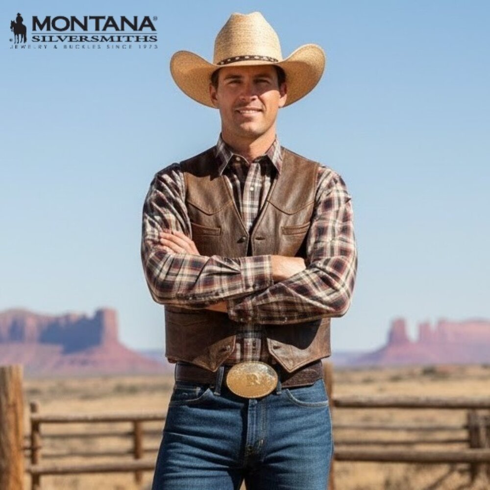 Montana Silversmiths Men's Buckle with Hand Tooled Custom Made Leather Belt